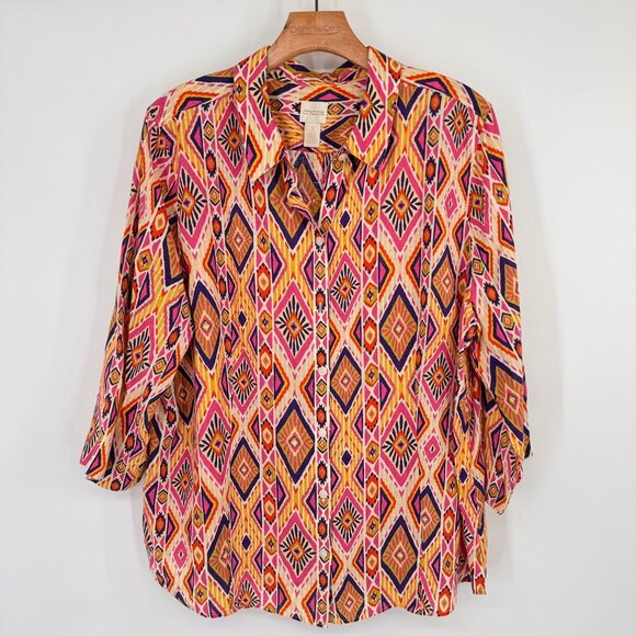 Chicos 3 Womens Ikat Linen Button-Back no iron Shirt blouse 3/4 sleeve Size XL - Picture 7 of 16